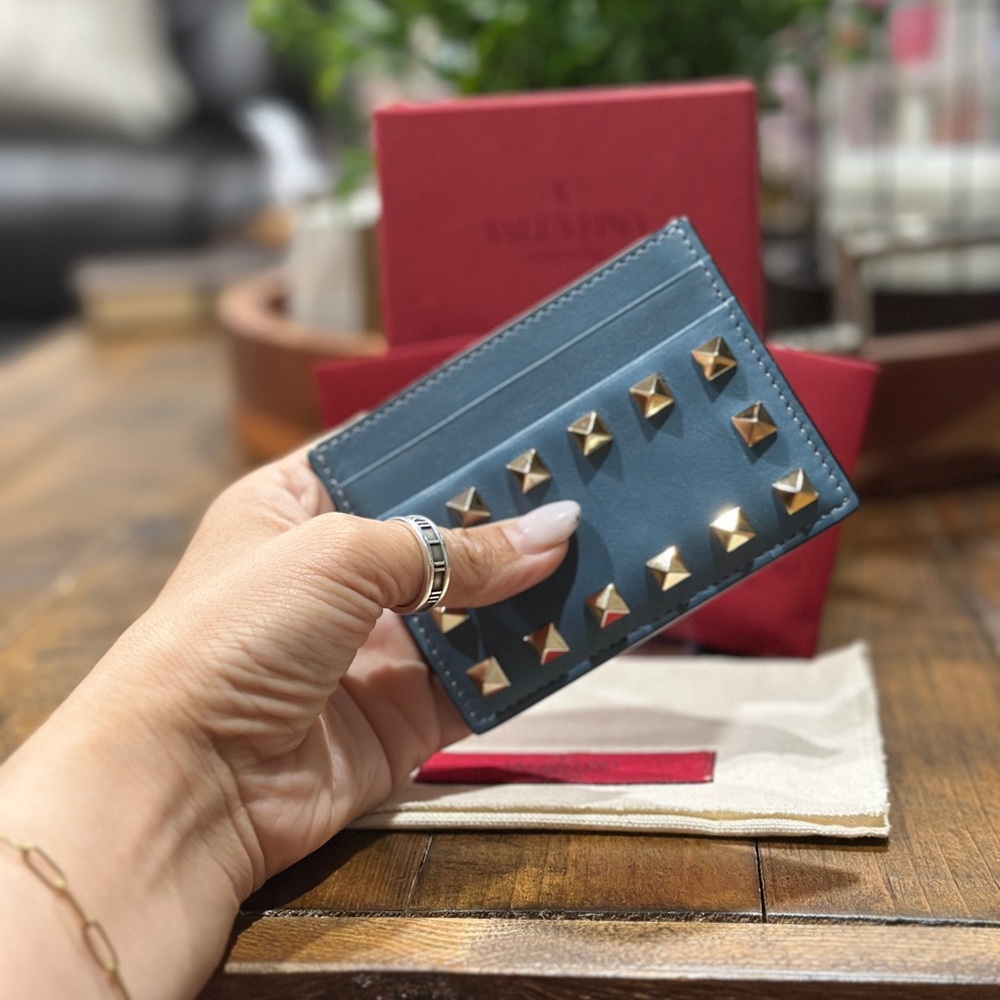 Valentino Blue Leather Rockstud Card Holder with Gold Studs